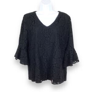 LOFT Black Lace V-Neck Ruffle Sleeve Top size M